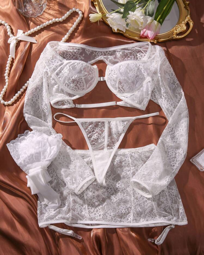 Savannah™ | Ensemble Lingerie en Dentelle 4 Pièces avec Babydoll à Manches Longues